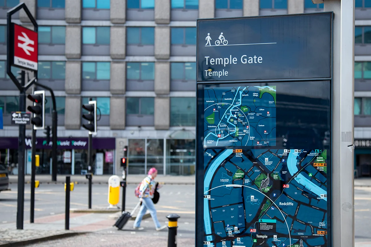 Large sign monolith with Temple Gate title and large map of surrounding area